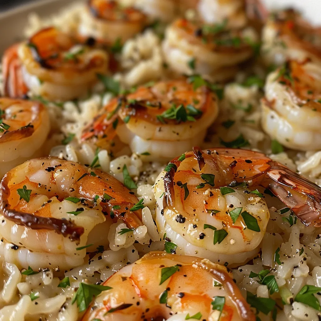 Side view of a delicious creamy herb rice dish garnished with succulent garlic butter shrimp.