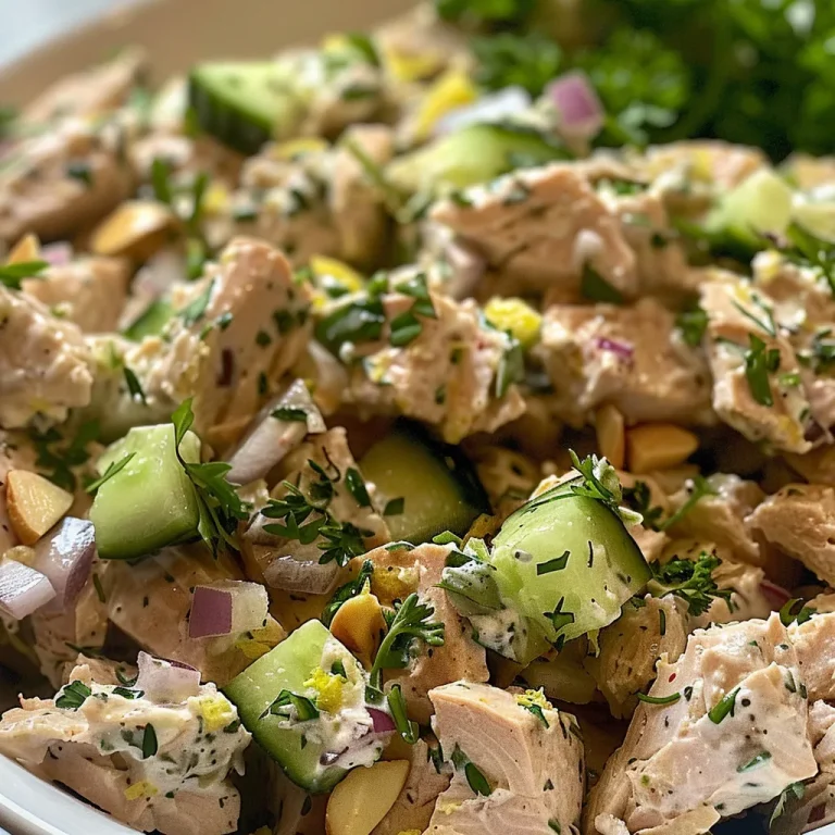 Close-up view of a creamy lemon herb tuna salad with visible chunks of tuna and herbs.
