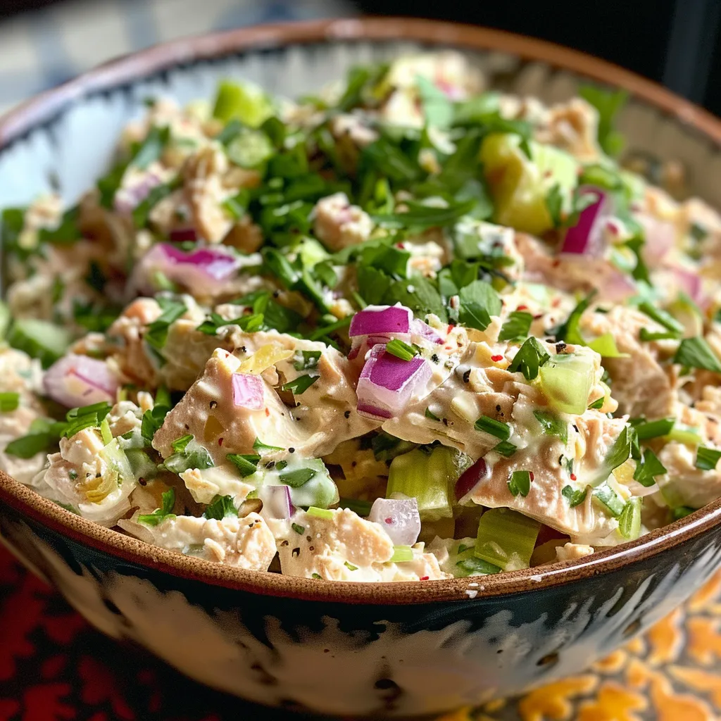 Side view of a colorful tuna salad featuring celery, red onion, and parsley on a plate.