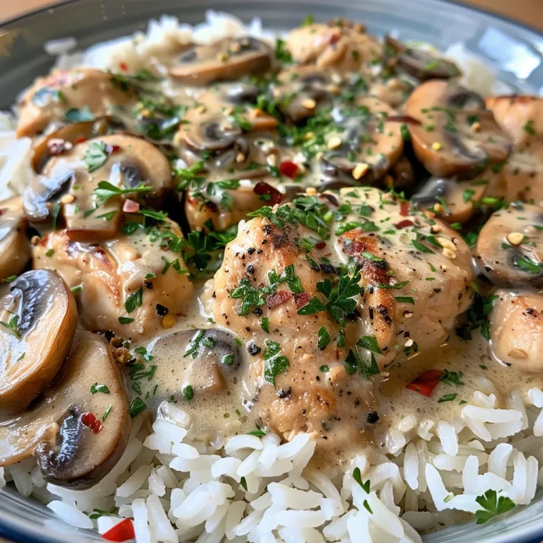 Close-up view of creamy mushroom chicken and rice in a bowl, showcasing juicy chicken and mushrooms.