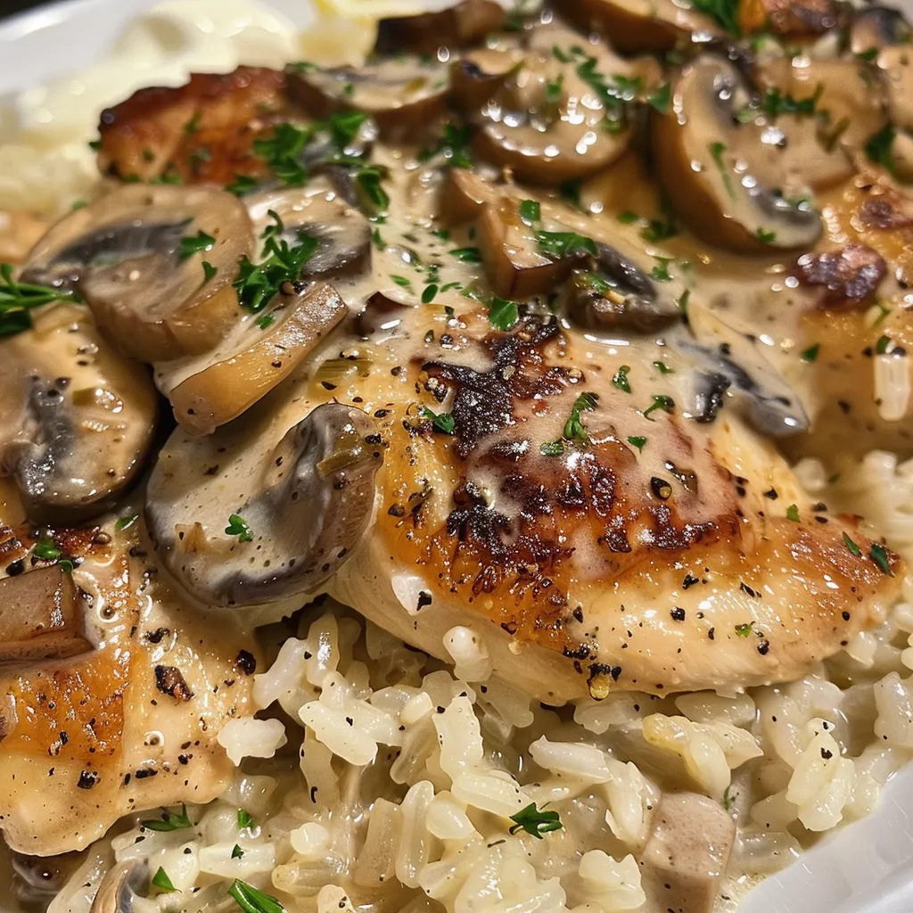 Side view of a plate filled with creamy mushroom chicken and rice, highlighting the dish's textures.