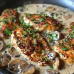 Close-up side view of creamy mushroom chicken on a plate, garnished with herbs.
