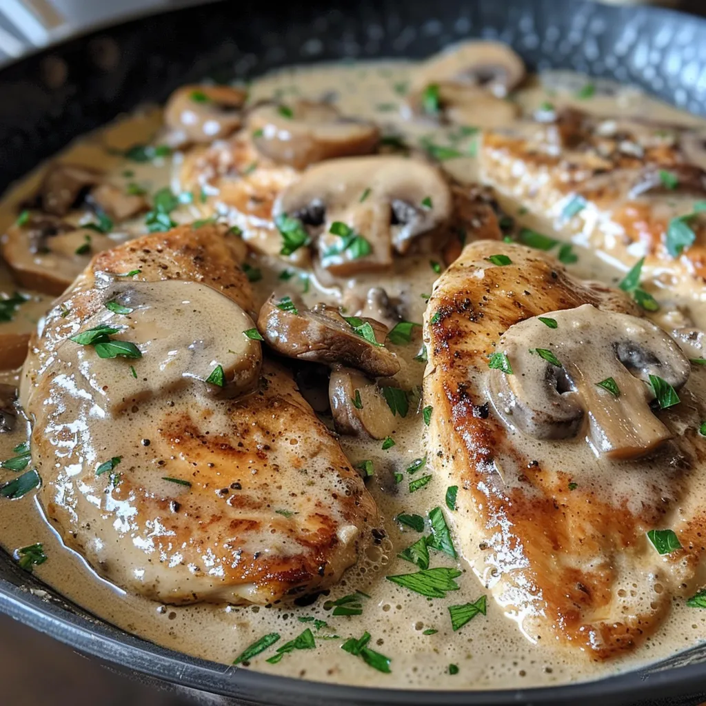 Juicy chicken breast smothered in creamy mushroom sauce, captured in a richly detailed photo.