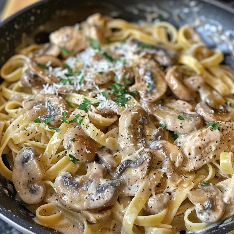 Hearty Creamy Mushroom Pasta with Chicken Your Go-To Comfort Dish A plate of creamy mushroom pasta with sliced chicken, garnished with parsley.
