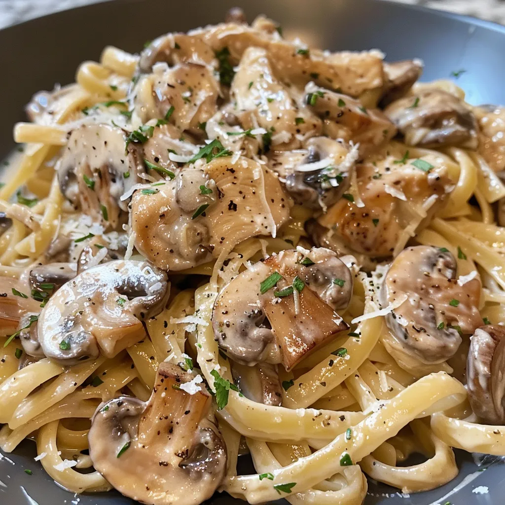 Close-up view of fettuccine pasta mixed with mushrooms and chicken in a creamy sauce.