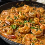 Close-up of creamy shrimp in spicy garlic sauce served with heart-shaped rice.