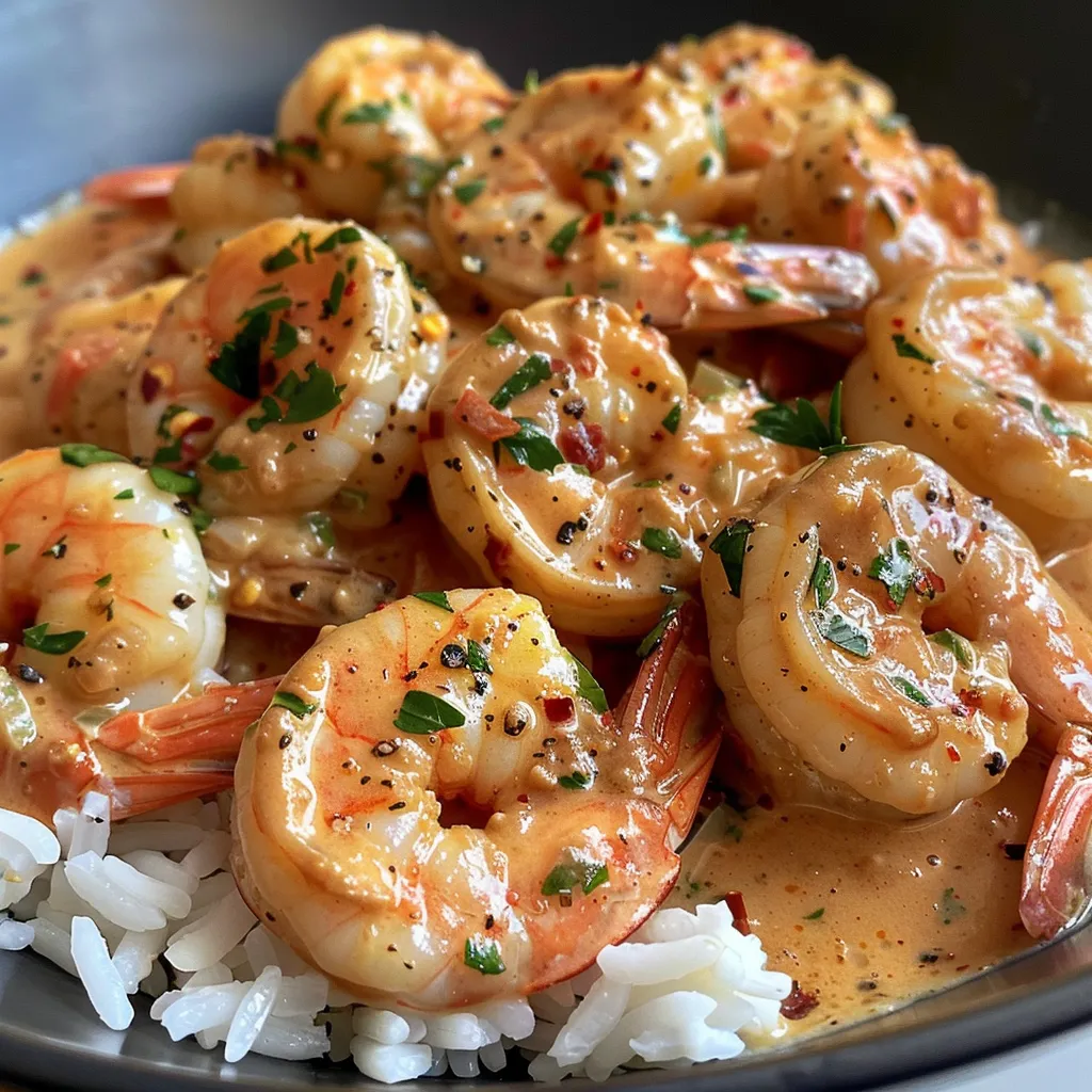 Juicy shrimp coated in a rich garlic sauce next to a heart-shaped mound of rice.