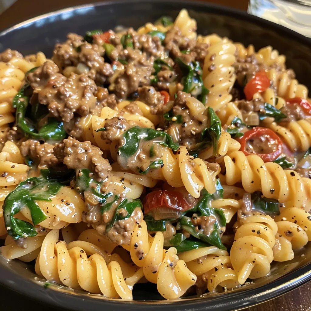 Side view of a bowl filled with creamy Tuscan beef pasta, showcasing sun-dried tomatoes and herbs.