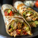 Close-up of golden crispy chicken wraps filled with avocado and cheese.