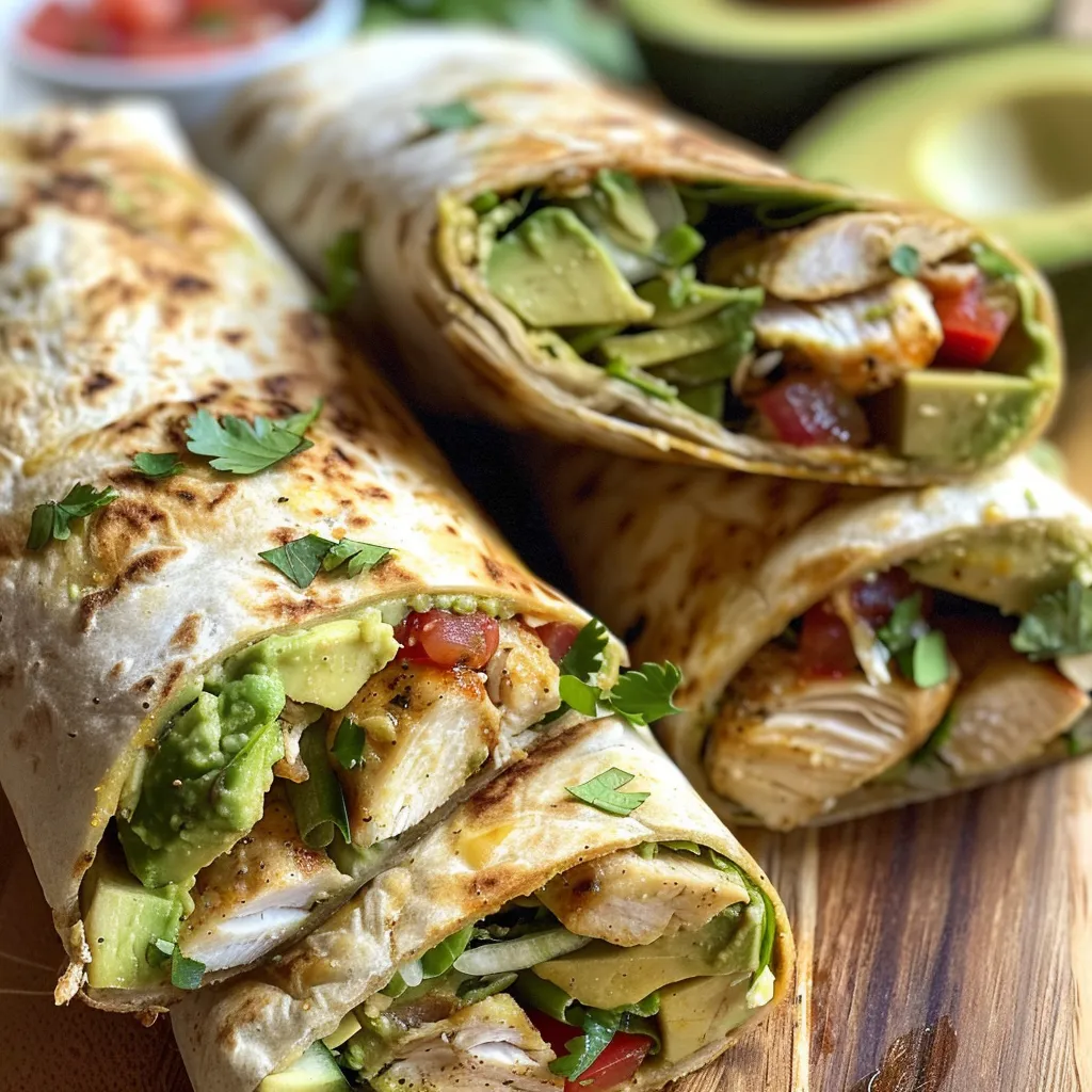 Side view of avocado chicken wraps with vibrant colors and textures.