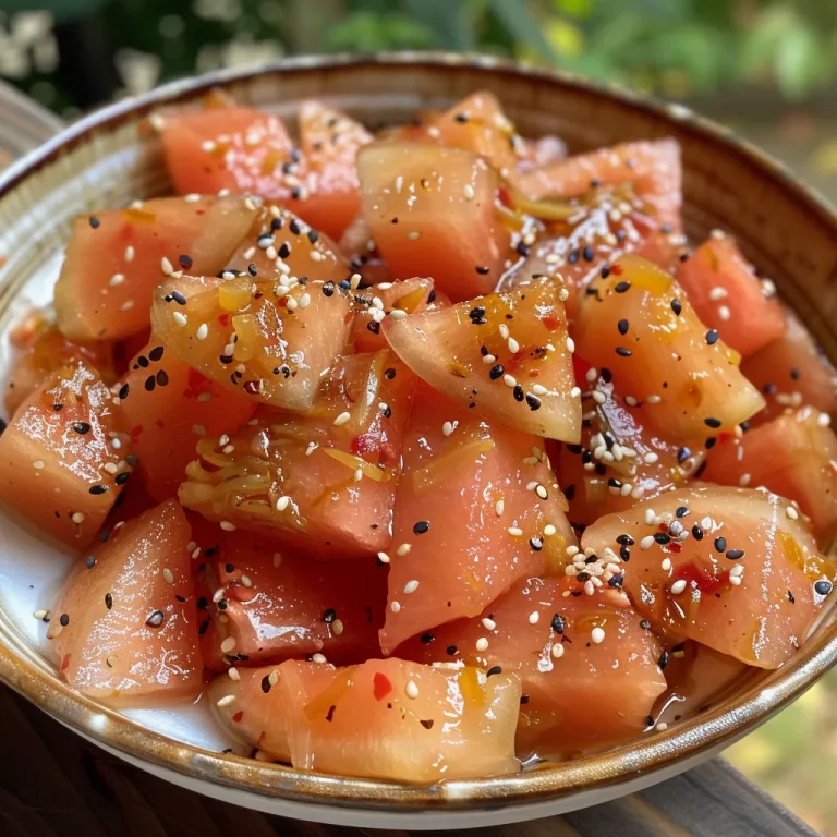 Close-up of crispy pickled watermelon rind in a glass jar.