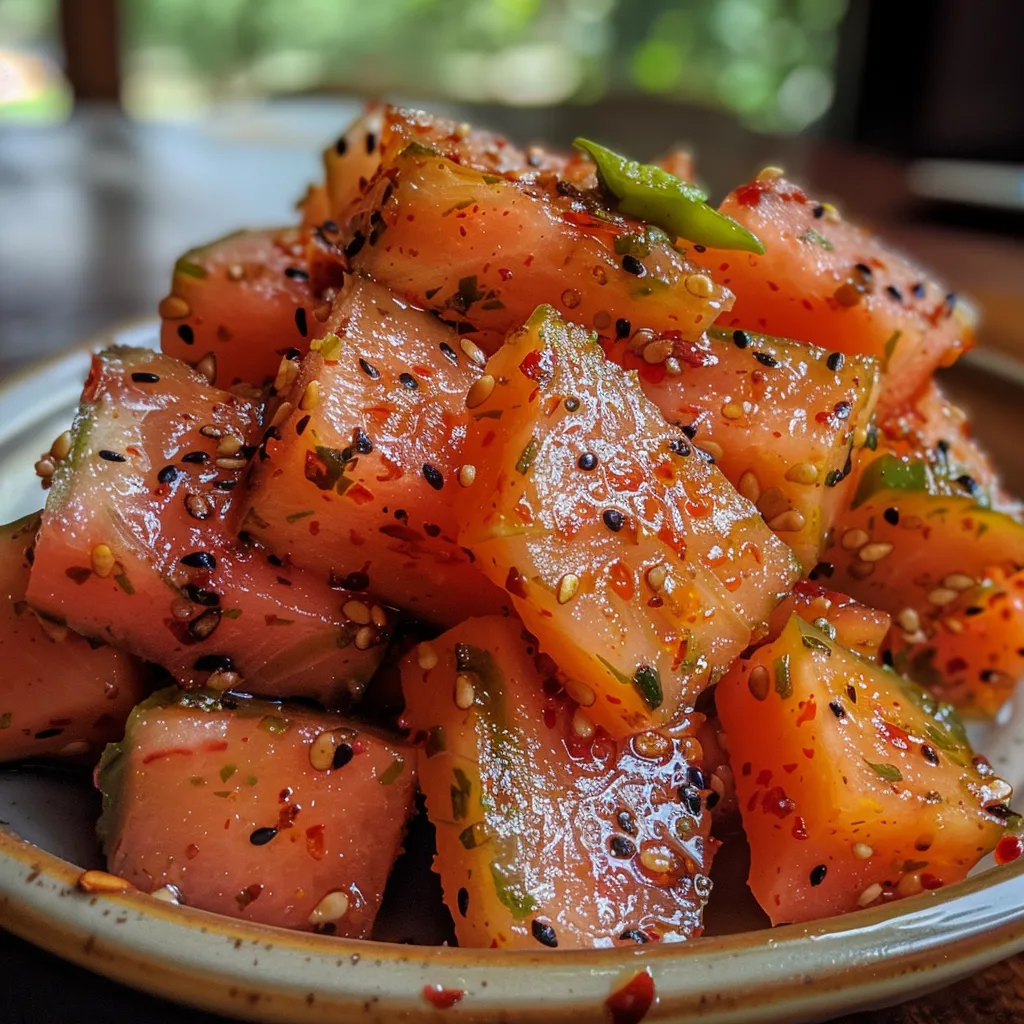 Side view of vibrant pink watermelon rind, glistening with brine.