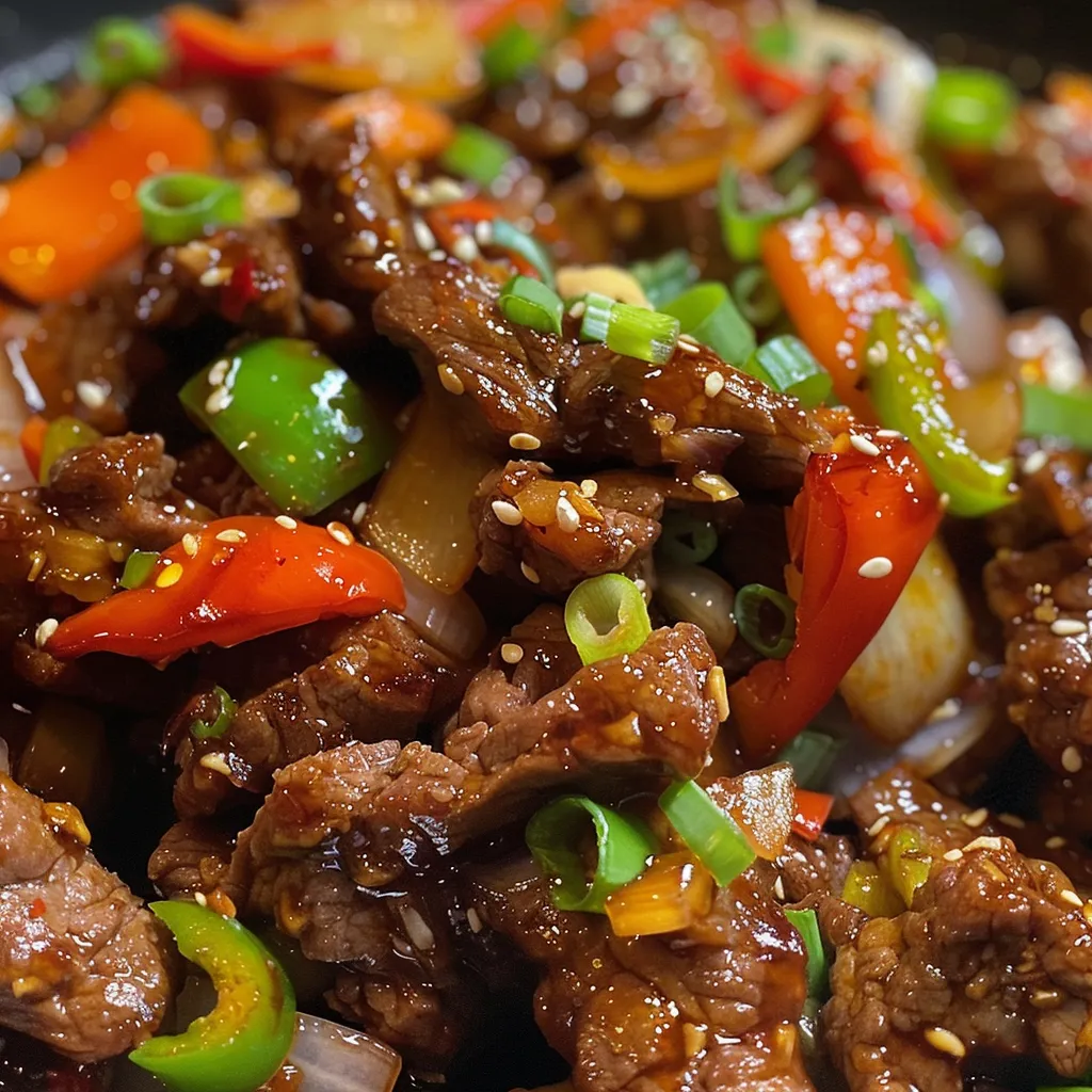 Juicy, golden-brown crispy sweet chili beef garnished with onions and peppers.
