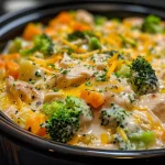 Close-up of a creamy Crockpot Chicken and Veggie Casserole showing juicy chicken and colorful vegetables.