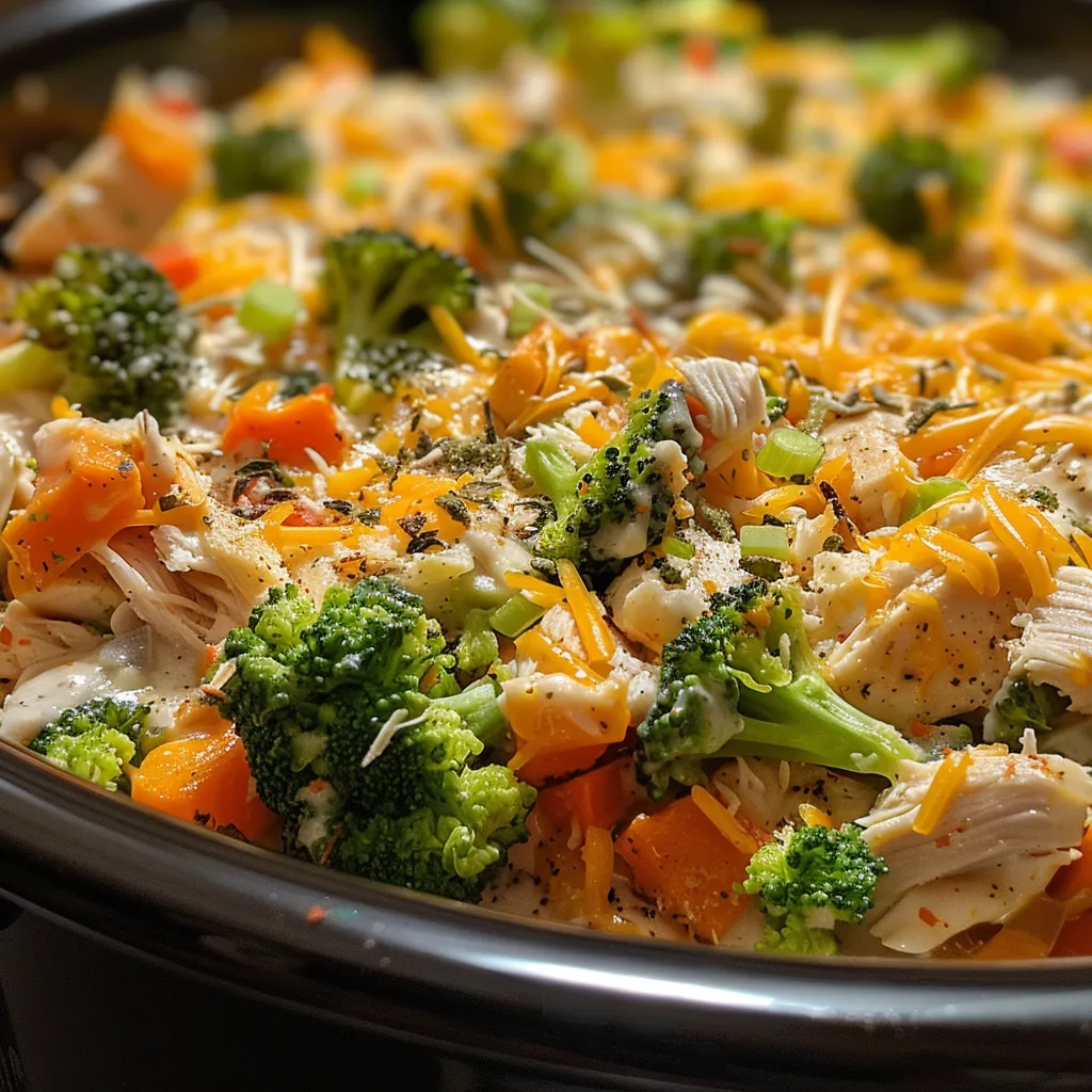 Side view of hearty Crockpot Chicken and Veggie Casserole with melted cheese and vibrant mixed vegetables.