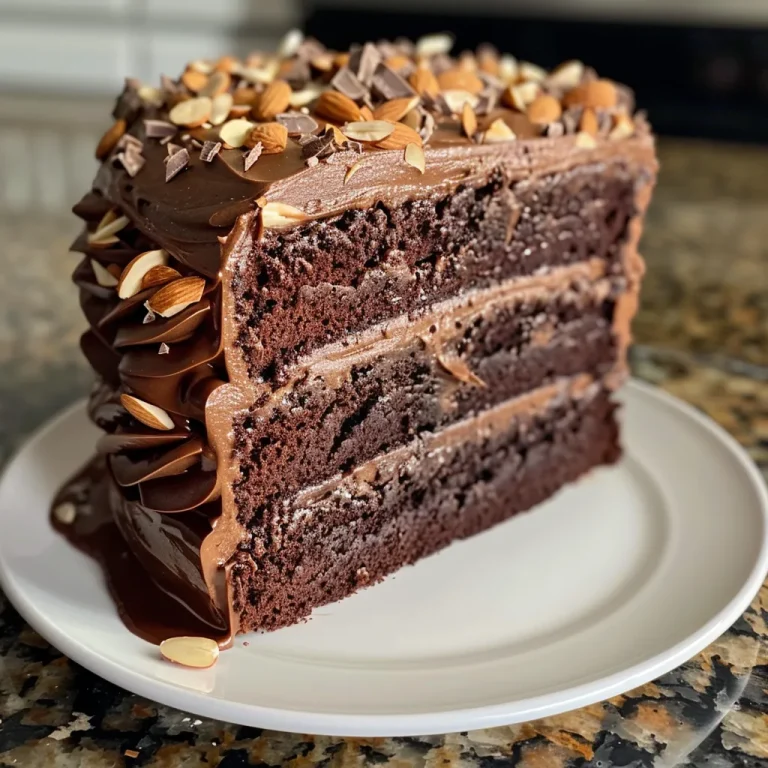Side view of a rich chocolate almond layer cake with visible layers and toppings.