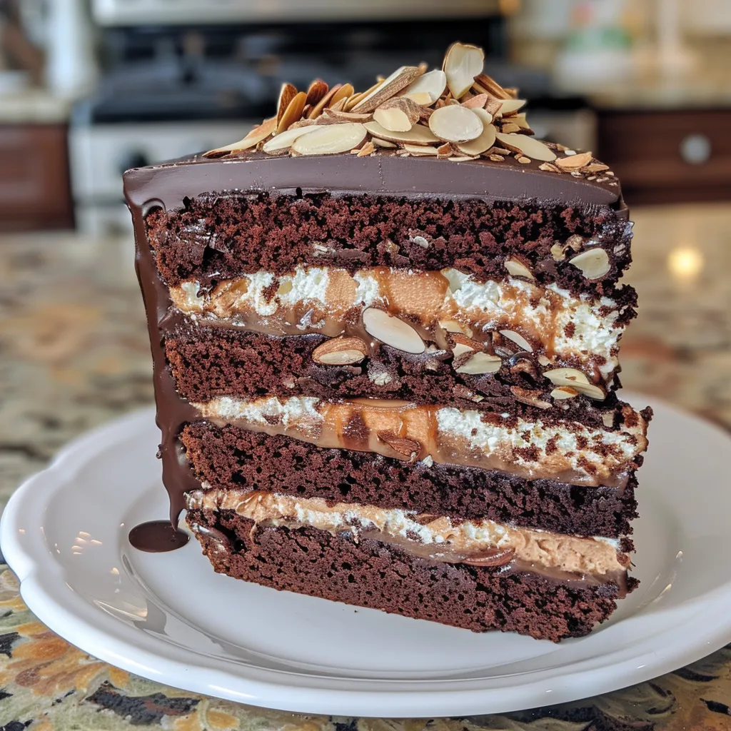 Close-up of a decadent chocolate layer cake adorned with sliced almonds and chocolate drips.