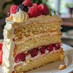A close-up side view of a decadent layer cake with rich fudge frosting, showcasing multiple layers.