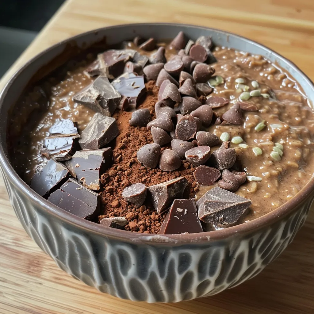 Delicious Double Choc Protein Porridge presented in a white bowl, showcasing its rich texture.