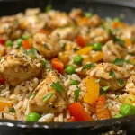 Close-up view of a colorful chicken pepper rice skillet, showcasing juicy chicken, vibrant bell peppers, and fluffy rice.