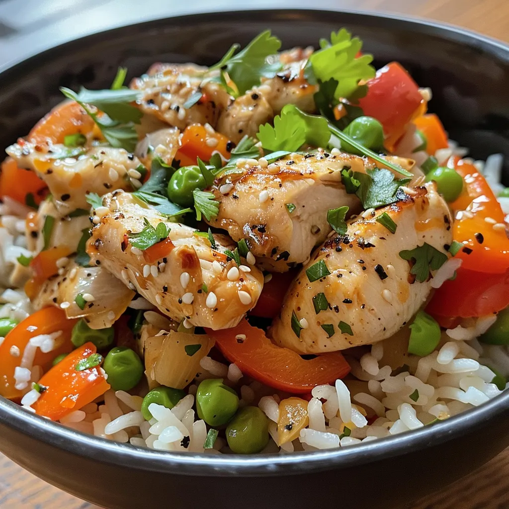 A side shot of a chicken pepper rice skillet filled with tender chicken, bright veggies, and garnished with parsley.