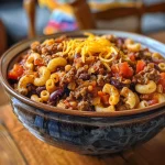 A close-up view of a bowl of Easy Chili Mac, showcasing its rich, hearty ingredients.