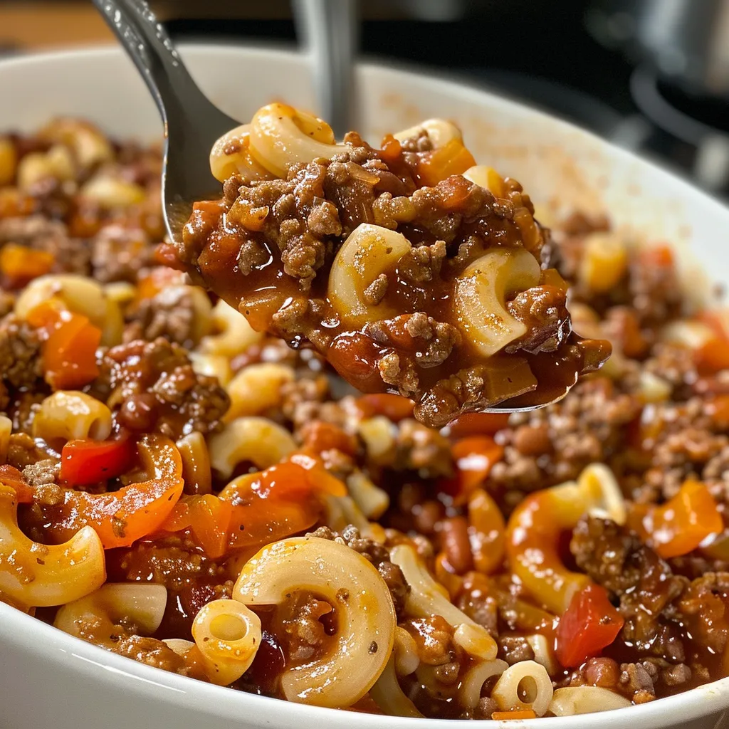 Side view of a delicious serving of Easy Chili Mac, highlighting the melted cheese and pasta.
