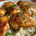 Close-up view of juicy garlic butter chicken thighs served with rice.