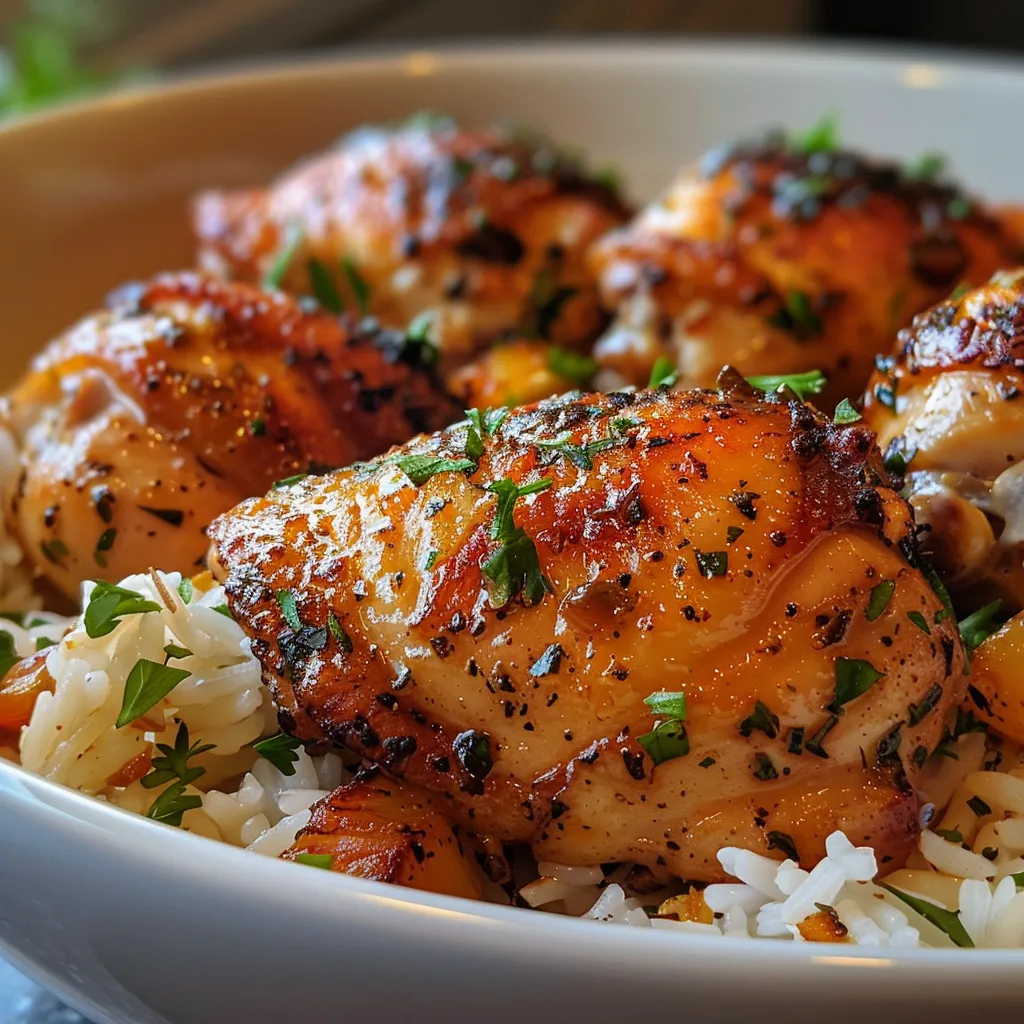 Side view of a plate featuring garlic butter chicken and fluffy rice.