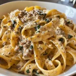 Close-up of creamy beef pasta with fettuccine and spinach.