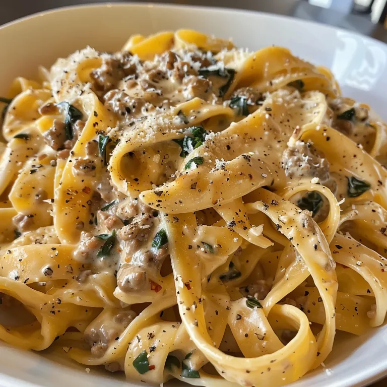 Close-up of creamy beef pasta with fettuccine and spinach.