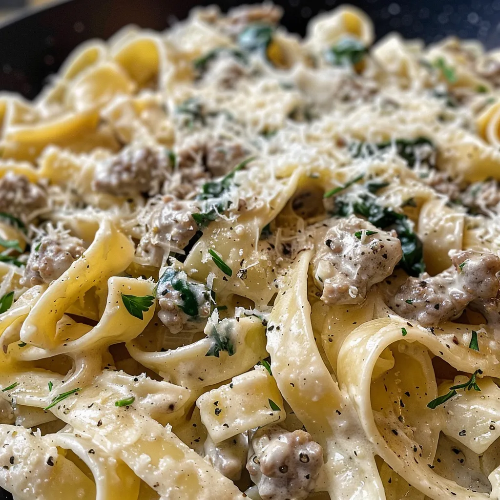 Delicious beef pasta topped with Parmesan and garnished with spinach.