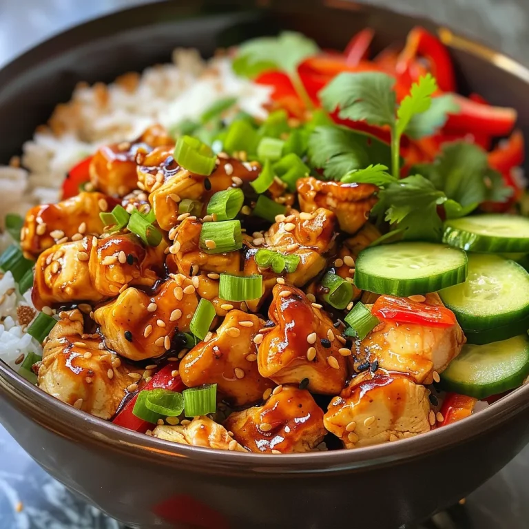 Flavor-Packed Sweet Chili Chicken Bowls A Quick and Easy Delight! Close-up view of a colorful Easy Sweet Chili Chicken Bowl with ingredients arranged attractively.