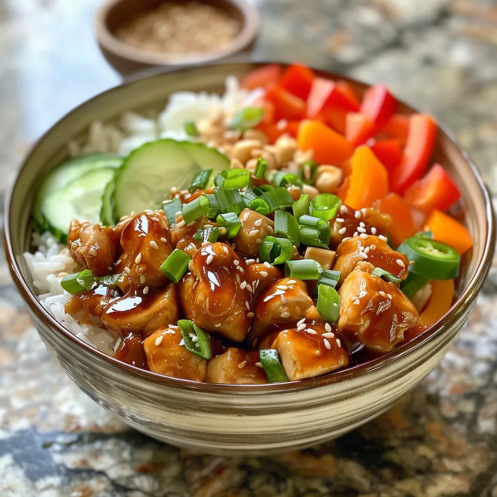 Vibrant Easy Sweet Chili Chicken Bowl featuring juicy chicken, rice, and fresh vegetables in a bowl.