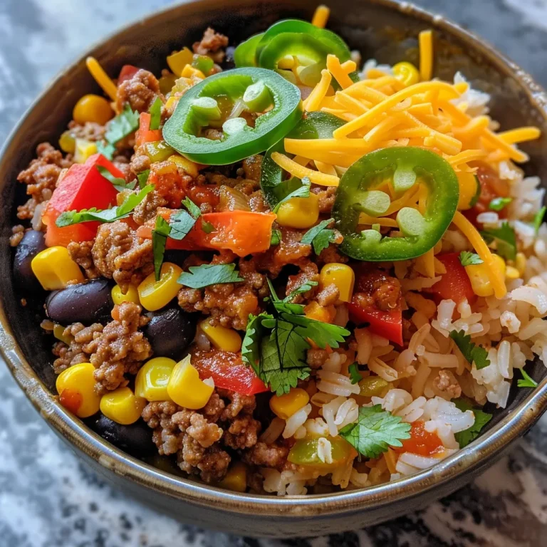 A close-up side view of a vibrant Easy Taco Rice Bowl filled with layers of rice, ground meat, and colorful toppings.