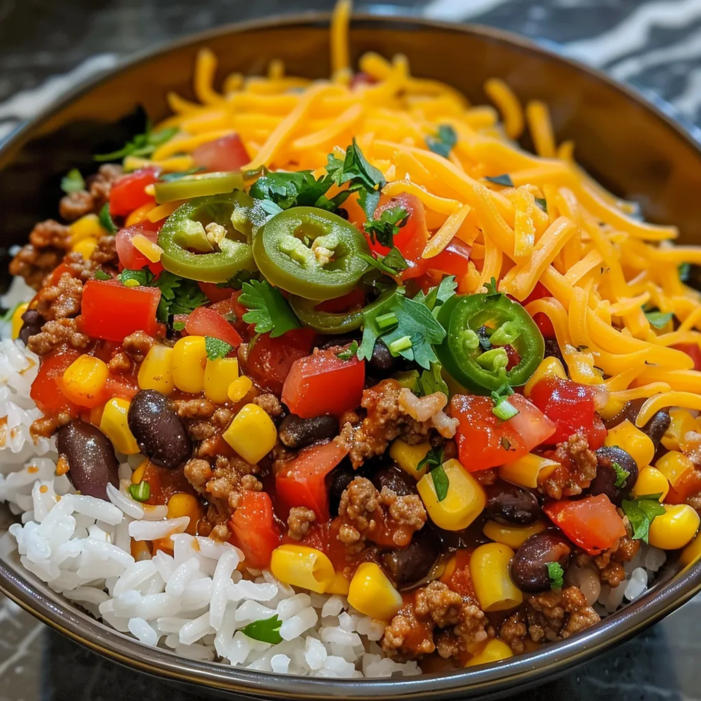 A delicious Easy Taco Rice Bowl showcasing rice, diced bell peppers, corn, black beans, and cheese in a close-up shot.