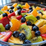 Close-up of a colorful tropical fruit salad with pineapple, blueberries, kiwi, oranges, strawberries, and banana.