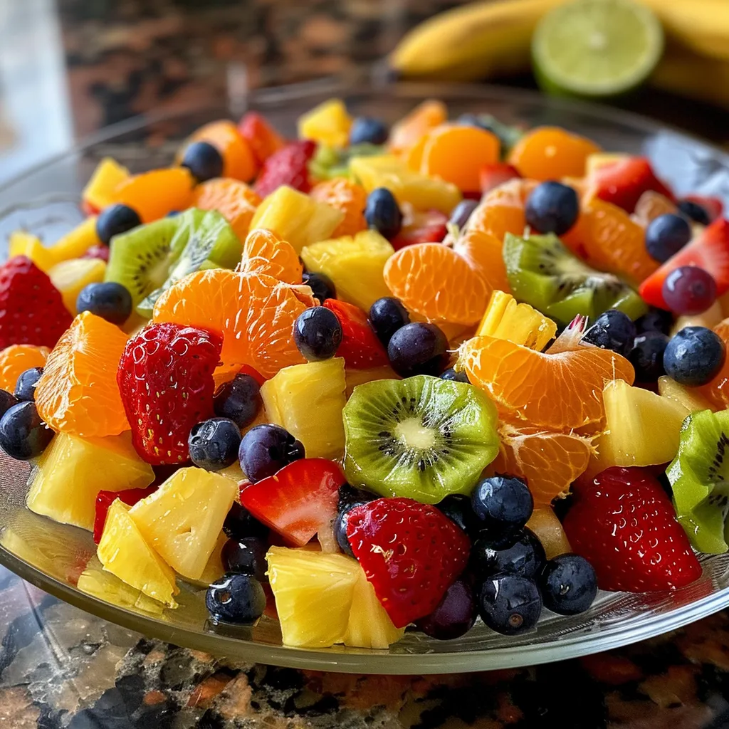 Side view of a vibrant fruit salad showcasing chopped pineapple, blueberries, kiwi slices, mandarin oranges, and strawberries.