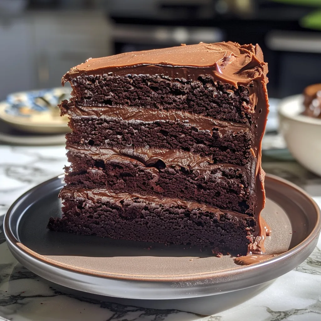 Rich chocolate layer cake featuring layers of creamy peanut butter frosting and a glossy ganache topping.