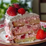 A side view of a luscious fresh strawberry cake topped with whipped coconut cream and garnished with fresh strawberries.