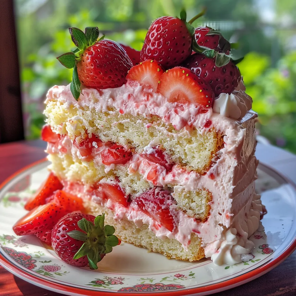 A close-up view of a fresh strawberry cake showcasing its layers and creamy coconut frosting.