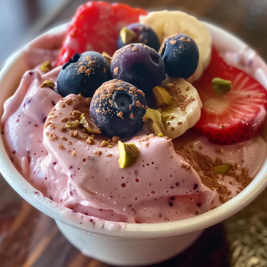 Side view of colorful yogurt cups filled with banana and mixed berries.