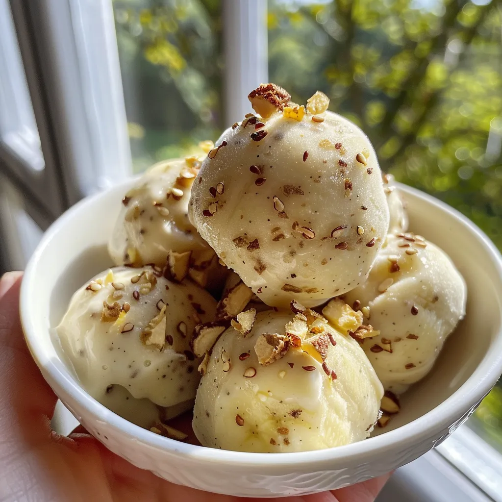 Side view of Frozen Banana Yogurt Bites with banana chips on top.