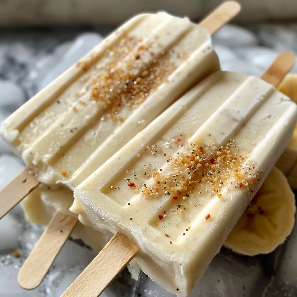 Side view of banana yogurt pops on a wooden stick, covered in colorful toppings.