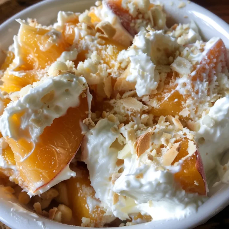 Close-up view of frozen peaches and cream yogurt clusters with a soft focus background.