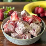 Close-up view of frozen strawberry banana bites shaped like small cubes, perfect for dogs.