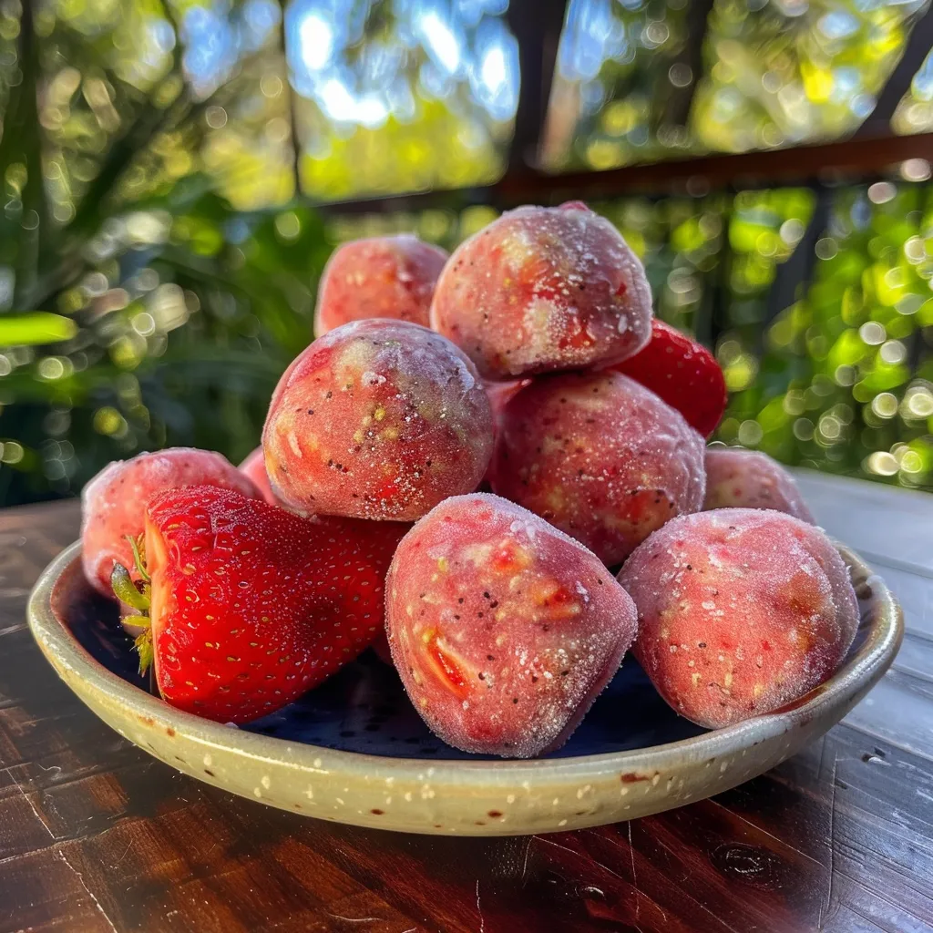 Juicy frozen dog treats made from strawberries and bananas, displayed in a bowl.