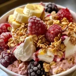 A close-up side view of Frozen Yogurt Berry Bites showcasing vibrant mixed berries and creamy yogurt.