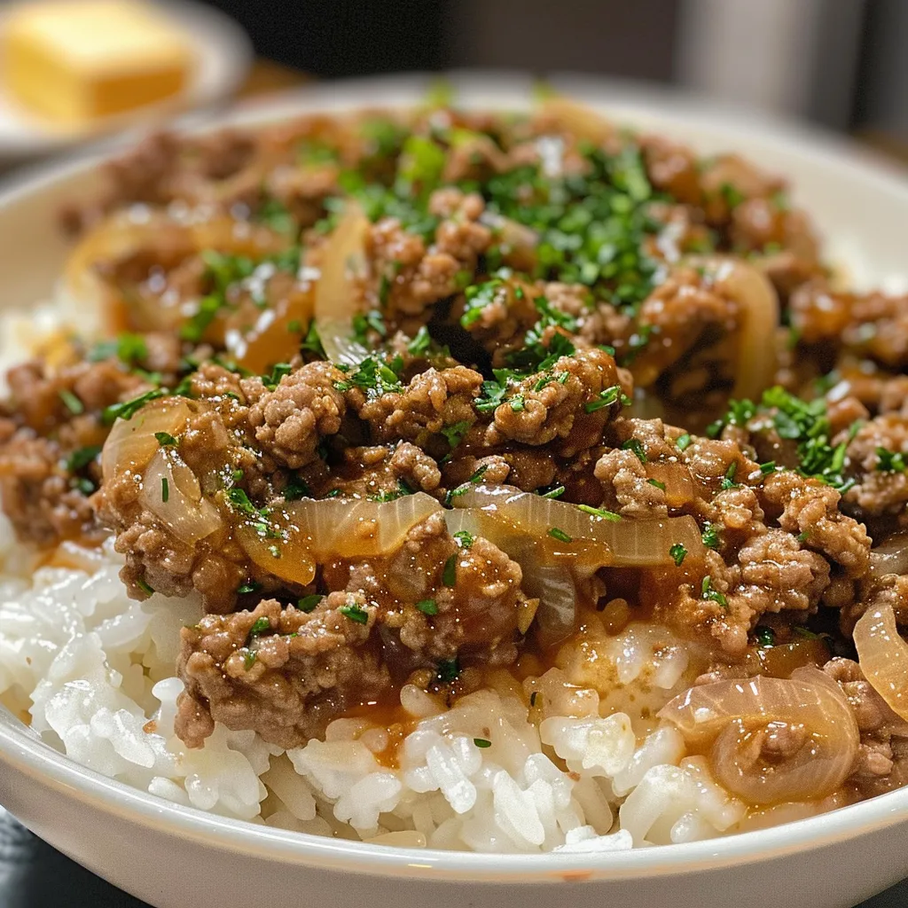 A side profile of a Garlic Butter Beef Bowl showcasing savory beef and creamy ingredients.