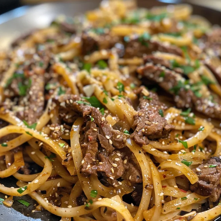 Close-up of Garlic Butter Beef Noodles topped with minced parsley.